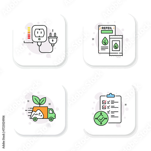 Four icons depicting energy efficiency, plant seeds, delivery, and checklist.