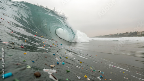 Wave crashing near shore filled with microplastic and ocean debris, dramatic scene capturing environmental impact of marine pollution and urgent need for ocean cleanup efforts