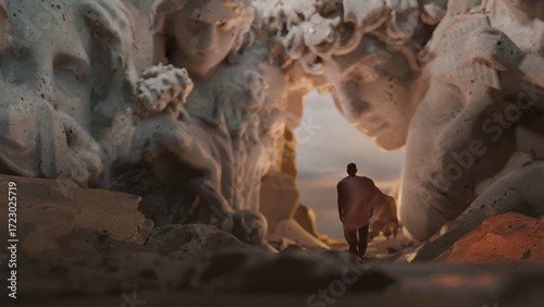 Fotografi Allegorical scene of man versus gods: hiker amid massive stone deities in canyon