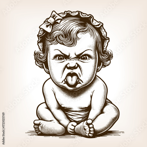 baby with curly hair, sitting and sticking out tongue with a grumpy, exaggerated expression sketch engraving generative ai fictional character vector illustration. Scratch board. Black and white image