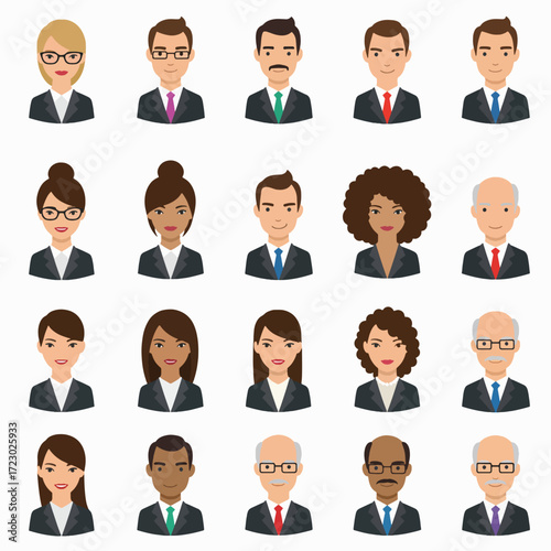 Diverse Set of Business People Avatars in Suits with Various Hairstyles and Skin Tones.
