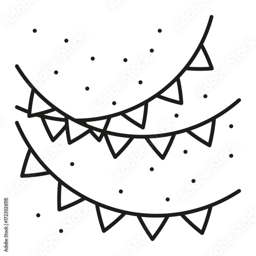 Line icon. Triangular flags hanging in a garland on strings among falling festive confetti. Simple black and white vector isolated on white background
