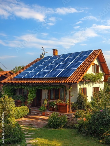 House with solar panels, idyllic setting