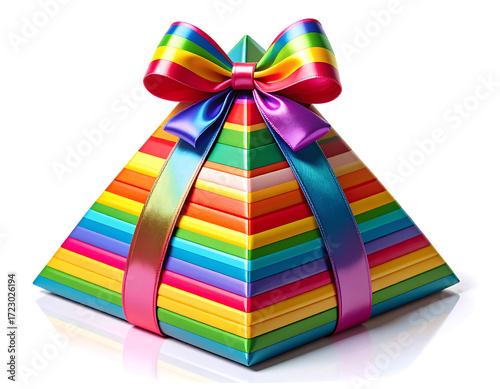 A vibrant rainbow-colored pyramid-shaped gift box adorned with a festive multicolor ribbon and bow, perfect for celebrations and special occasions