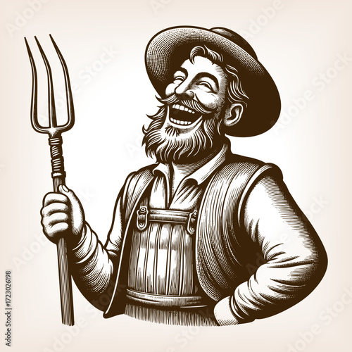 cheerful bearded farmer in rustic clothing and hat, holding a pitchfork and pointing with a grin sketch engraving generative ai fictional character vector illustration. Scratch board. Black and white.