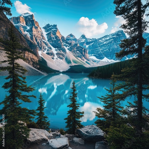 Serene mountain lake reflecting snow-capped peaks under a vibrant sky