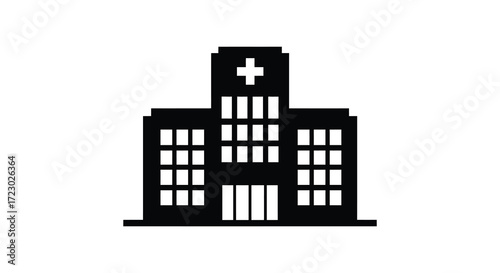 Simple black hospital building icon with a cross on top silhouette