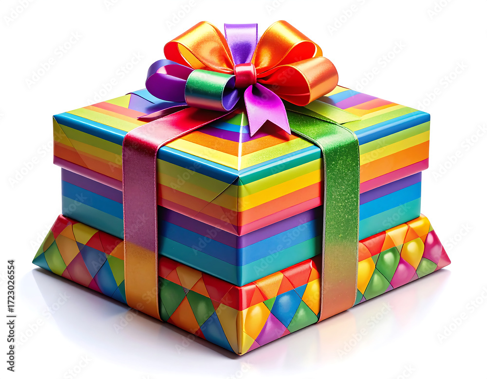 Obraz premium Colorful Gift Box with Rainbow Stripes and Bow