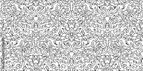 Intricate black and white damask pattern with organic floral motifs, creating a sophisticated and timeless design for various applications