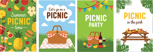 Picnic poster set, summer outdoor cards, picnic basket illustration, party food vector, nature picnic design, seasonal celebration graphics