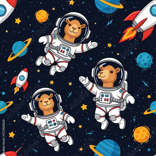 Adorable camel astronauts floating happily in outer space with colorful planets rockets and stars Fun adventure