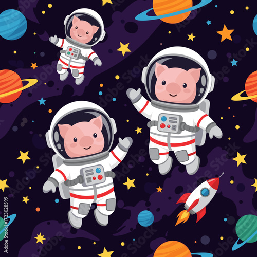 Cute cartoon pig astronauts floating in space with planets stars and a rocket Fun cosmic adventure