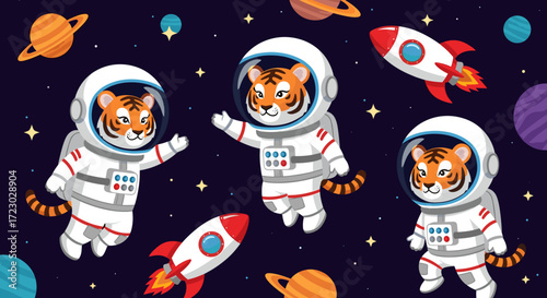 Cute tiger astronauts exploring space with rockets and planets celebrating adventure and discovery