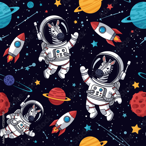 Cartoon zebras in astronaut suits exploring colorful outer space with rockets and planets Fun adventure