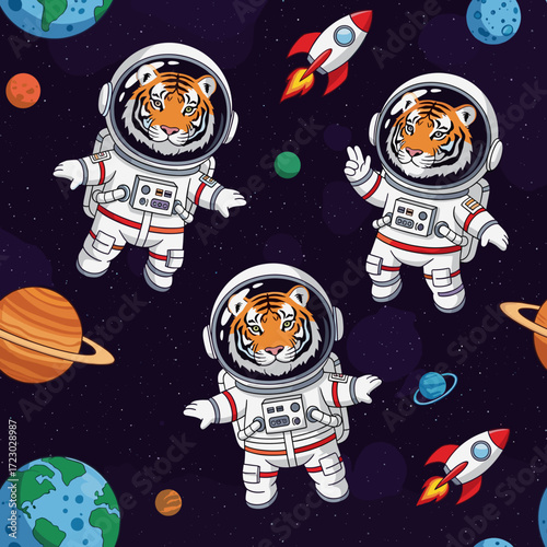 Playful cartoon tigers in astronaut suits exploring the vibrant universe with planets and rockets