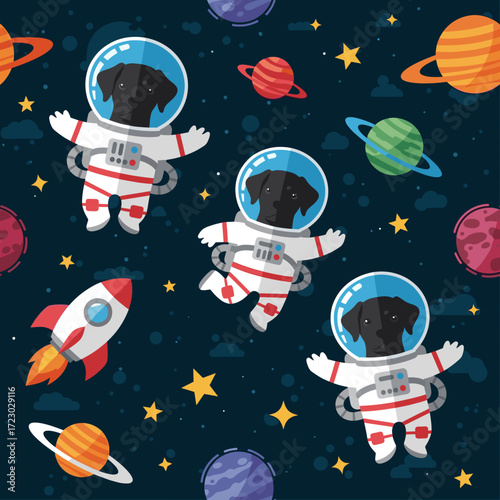 Cute cartoon labradors in astronaut suits float in space with planets and stars Fun playful concept