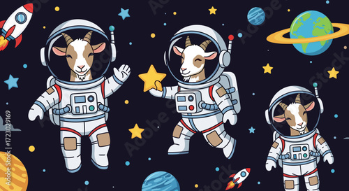 Cartoon astronaut goats explore space surrounded by planets stars and rockets Fun cosmic adventure
