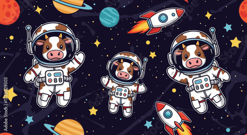 Cute cartoon astronaut cows floating in space with rockets and planets playful adventure theme for kids