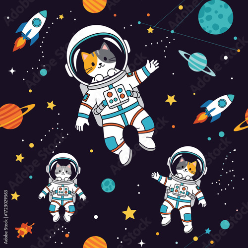 Cute cartoon cats in astronaut suits exploring outer space with rockets stars and planets