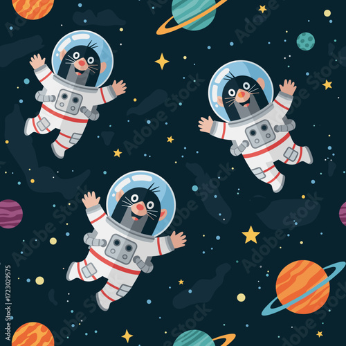 Smiling astronaut moles float in outer space with planets and stars Fun adventure education concept