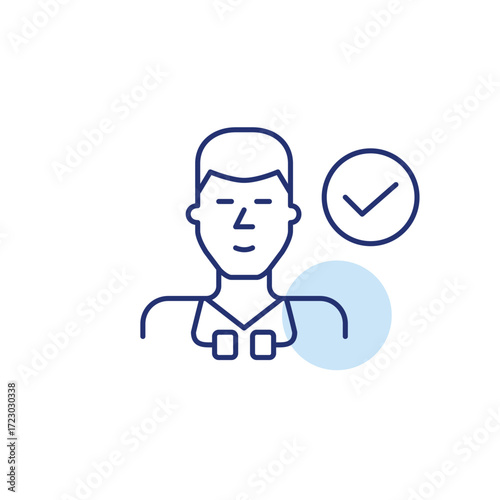Certified medical professional. Young male doctor with stethoscope and checkmark. Pixel perfect, editable stroke vector icon