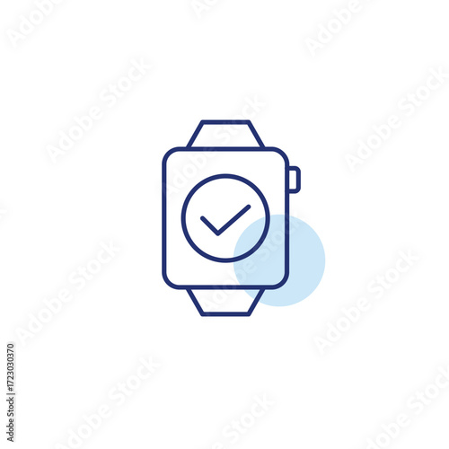 Smart watch and checkmark. User account confirmed, synchronization across devices. Pixel perfect, editable stroke vector icon