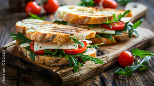 Two sandwiches with tomatoes cheese and greens on a wood board