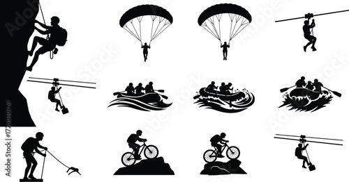 Silhouette icons of extreme sports and outdoor activities, including climbing, rafting, and mountain biking
