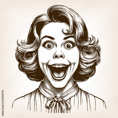 woman, showing an exaggerated wide open-mouthed smile in a humorous comic style sketch engraving generative ai fictional character vector illustration. Scratch board imitation. Black and white image.