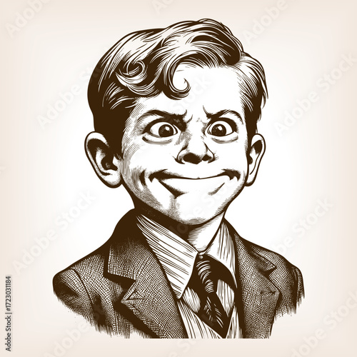 smiling boy with wide eyes, slicked hair, and a suit with tie, drawn in a humorous retro style sketch engraving generative ai fictional character vector illustration. Scratch board. Black and white.