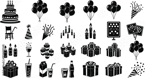 Set of twentyfour birthday party icons collection of cake, balloon, gift, candle, and decoration symbols