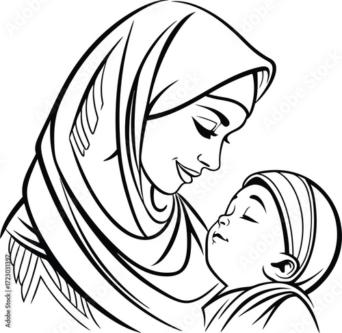 Mother and Child Islamic Art Line Drawing Illustration