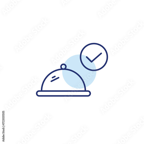 Restaurant food cloche and checkmark. Verified meal, completed delivery order. Pixel perfect, editable stroke vector icon