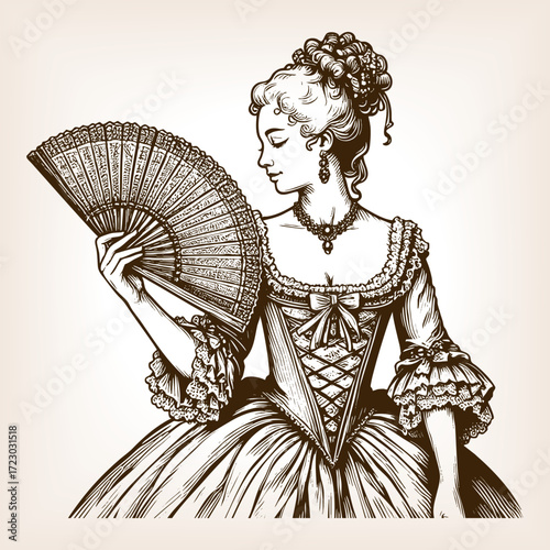 elegant lady holding decorative fan, dressed in floral attire with detailed hairstyle and flowers sketch engraving generative ai fictional character vector illustration. Scratch board. Black and white