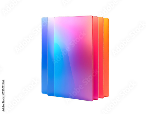 Three vibrant, translucent rectangles stacked, exhibiting a gradient of blue, pink, and orange hues, with subtly rounded corners and a slight 3D effect