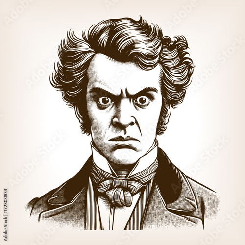 serious man with wild, windswept hair, glaring with an intense and dramatic expression sketch engraving generative ai fictional character vector illustration. Scratch board. Black and white image.