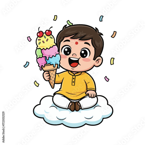Traditional Indian Toddler Cartoon Art. A new, fun vector featuring an overjoyed toddler in a cultural outfit with a big smile and a colorful ice cream. This unique design is excellent for stickers.