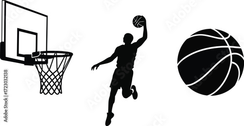 Basketball equipment hoop, ball, player silhouette, scoreboard, and shoes for a dynamic sports design