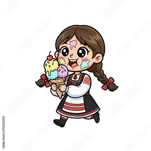 Playful, scalable vector art of an overjoyed eastern european character holding an oversized, colorful ice cream cone. expressive eyes and thick outlines ideal for print or web.