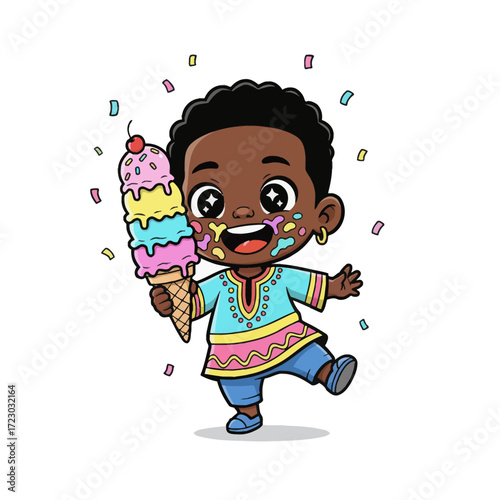 Adorable Character with a Sweet Treat. Playful, scalable vector art of an overjoyed African character holding an oversized, colorful ice cream cone. Expressive eyes and thick outlines ideal for print.