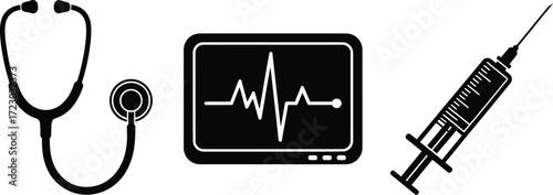 Medical equipment icons, featuring stethoscope, heart monitor, and syringe in a clean and modern design