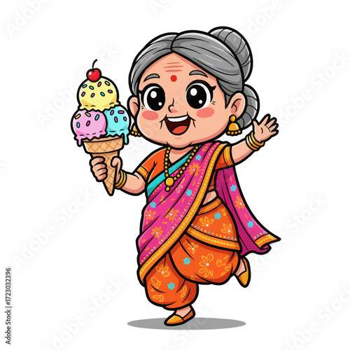 kawaii indian grandma with ice cream. a charming high-res vector of a joyful grandma in traditional indian clothes happily eating a sweet treat. bright, clean lines, and a cheerful pose.