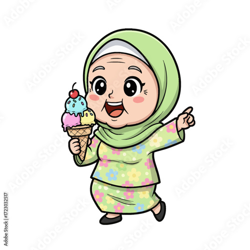 Traditional Grandma Character & Snack. A fun, expressive cartoon vector of a happy grandmother in a cultural outfit with a colorful ice cream. This new design is great for stickers or unique art.