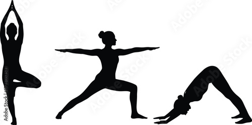 Silhouettes of women in various yoga poses, demonstrating balance, flexibility, and mindfulness through exercise