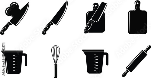 Kitchen utensils icons chef hat, knife, cutting board, measuring cup, whisk, and rolling pin in black silhouette