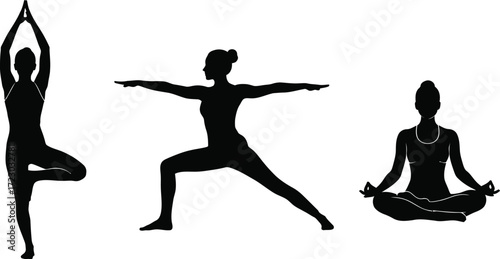 Silhouette of women in various yoga poses tree pose, warrior pose, and lotus pose for meditation and relaxation