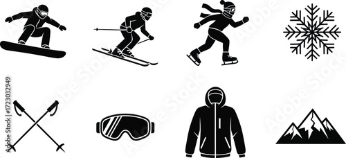 Winter sports and equipment icons set of snowboarder, skier, ice skater, snowflake, ski poles, goggles, jacket, mountain