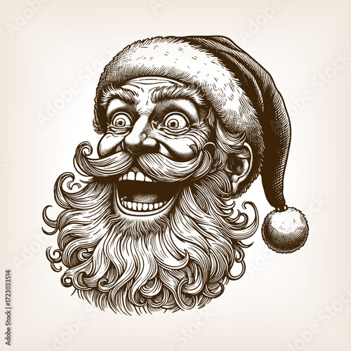 Santa Claus with wide eyes, curly beard, and comical expression, quirky humor sketch engraving generative ai fictional character vector illustration. Scratch board imitation. Black and white image.
