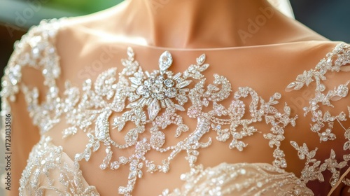 A luxury designer dress with lace details and Swarovski crystal embellishments