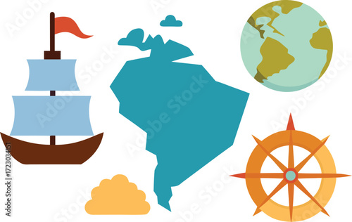 Columbus day vector bundle nautical exploration ships compass map globe illustration vector